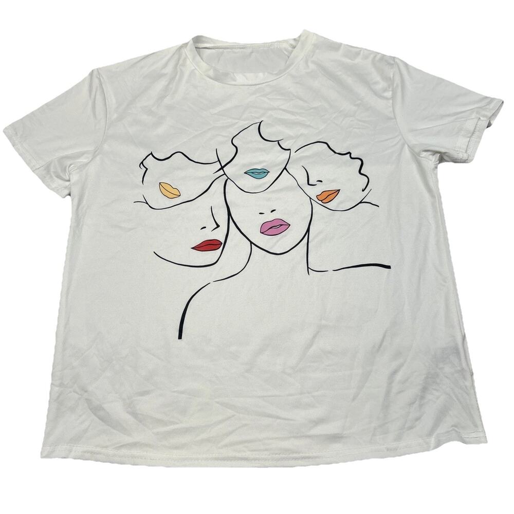 Greathe Women’s Graphic T-Shirt Abstract Faces Print White Tee Size S